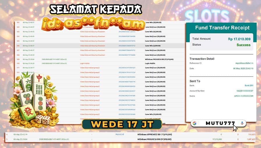 Bukti WD 17 Juta Berhasil Cair di MUTU777! Member Kembali Panen Maxwin π° mutu777