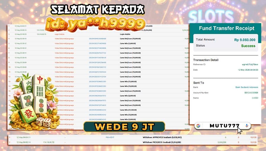WD 9 Juta Berhasil Cair! Member MUTU777 Kembali Menang Besar 💸