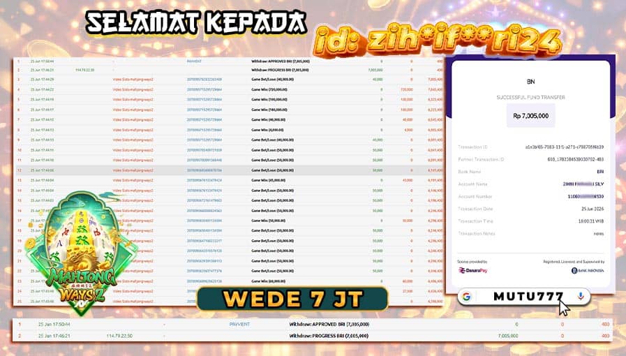 🎉 Bukti WD 7 Juta Berhasil Cair! Member MUTU777 Kembali Raih Kemenangan Besar 💸 MUTU777