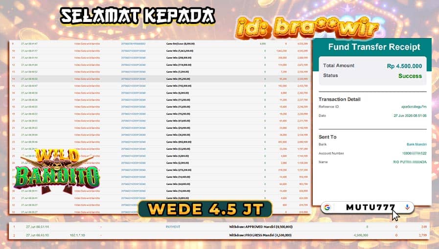 Bukti WD 4,5 Juta Berhasil Cair! Wild Bandito Bawa Keberuntungan Member MUTU777 π slot terpercaya 2026