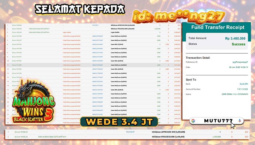 Bukti WD 3,4 Juta Berhasil Cair! Member MUTU777 Kembali Raih Kemenangan di Mahjong Wins 3 situs slot terpercaya