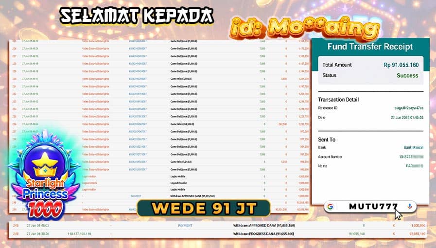 💸Bukti WD 91 Juta Berhasil Cair! Member MUTU777 Raih Kemenangan Fantastis di Starlight Princess 1000💸 MUTU777 terpercaya