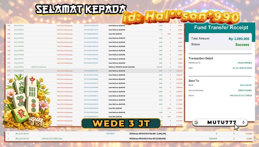 Bukti WD 3 Juta Berhasil Cair! Member MUTU777 Raih Kemenangan di Mahjong Ways situs slot gacor