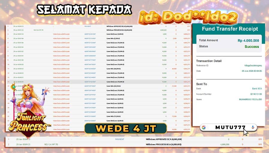 Bukti WD 4 Juta Berhasil Cair! Member MUTU777 Raih Kemenangan di Twilight Princess MUTU777 terpercaya