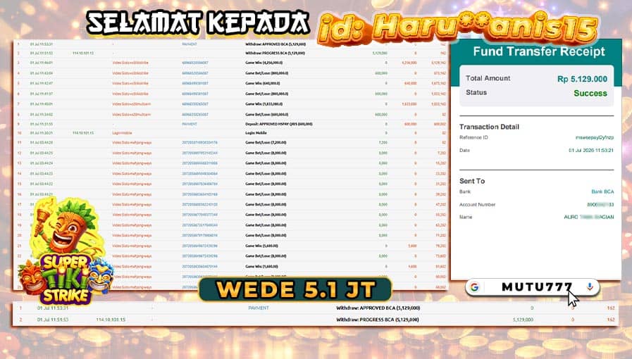 Bukti WD 5,1 Juta Berhasil Cair! Member MUTU777 Raih Kemenangan Menarik di Super Tiki Strike MUTU777 terpercaya