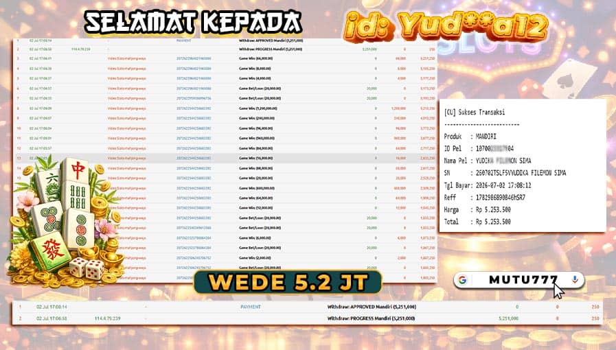 Bukti WD 5,2 Juta Berhasil Diproses! Member MUTU777 Kembali Raih Cuan di Mahjong Ways 🎉 slot online terpercaya