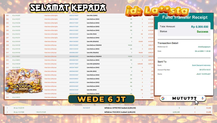 Bukti WD 6 Juta Berhasil Cair! Gate of Olympus 1000 Kembali Mengantarkan Member MUTU777 Meraih Kemenangan π MUTU777 terpercaya