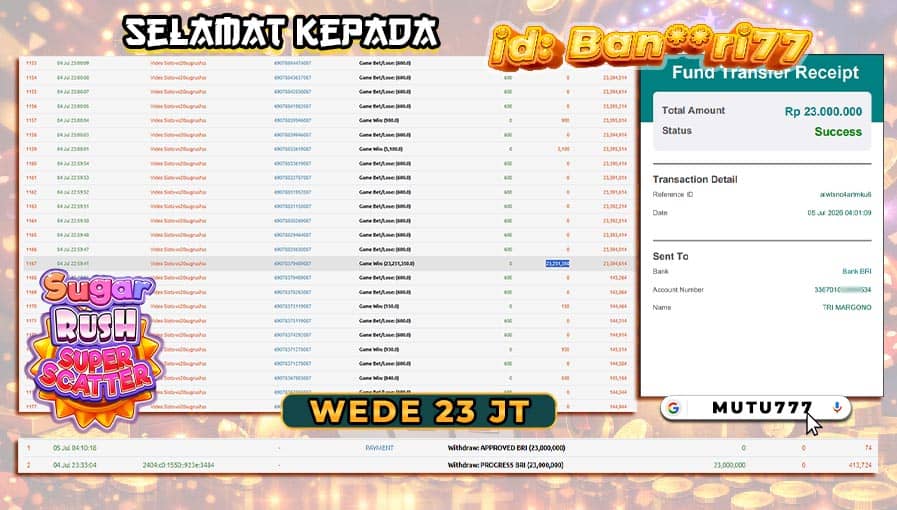 Bukti WD 23 Juta Berhasil Cair! Member MUTU777 Raih Kemenangan Spektakuler di Sugar Rush Super Scatter π MUTU777 resmi