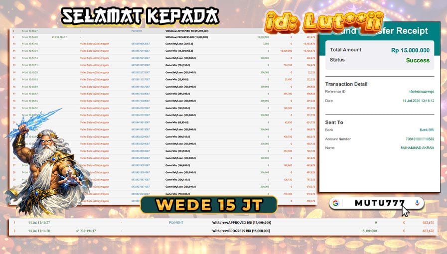 Bukti WD 15 Juta Berhasil Cair! Member MUTU777 Kembali Raih Kemenangan Fantastis di Gate of Olympus 1000 β‘ποΈ RTP Live Slot
