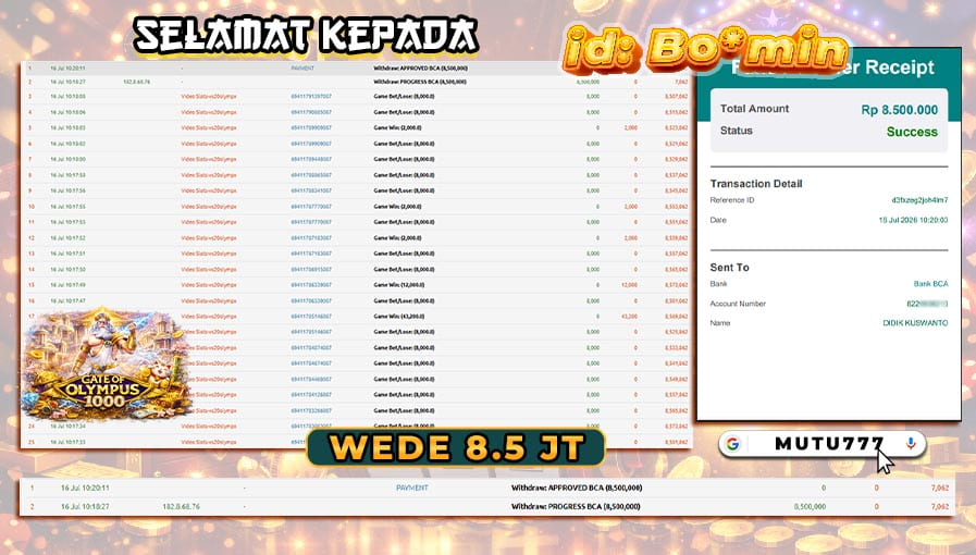 Bukti WD 8,5 Juta Berhasil Cair! Gate of Olympus 1000 Kembali Membawa Kemenangan Besar di MUTU777 β‘π MUTU777 resmi