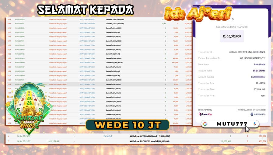 Bukti WD 10 Juta Berhasil Cair! Mahjong Ways 2 Kembali Mengantarkan Member MUTU777 Meraih Kemenangan Besar ππ° MUTU777 resmi