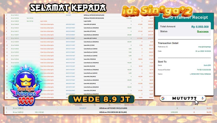 Bukti WD 8,95 Juta Berhasil Cair! Starlight Princess 1000 Kembali Menghadirkan Kemenangan Spektakuler di MUTU777 βπ situs slot terpercaya