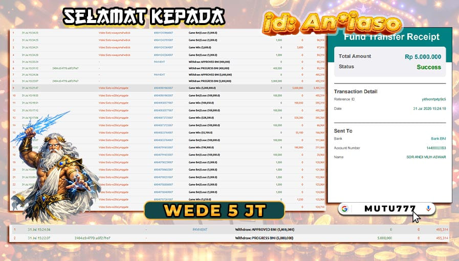 Bukti WD 5 Juta Berhasil Cair! Gate of Olympus 1000 Kembali Mengantarkan Member MUTU777 Menuju Kemenangan β‘ποΈ MUTU777 terpercaya