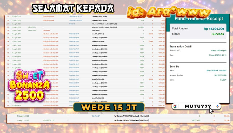 Bukti WD Rp15 Juta Berhasil Cair! Sweet Bonanza 2500 Bawa Kemenangan Member MUTU777 π¬π° MUTU777 resmi